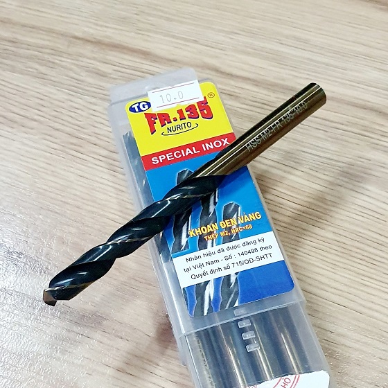 Một Mũi Khoan 10 Ly Đen Vàng Cực Phẩm Dùng Khoan Inox Chất Liệu Thép M2, HRC=68, Fr.135