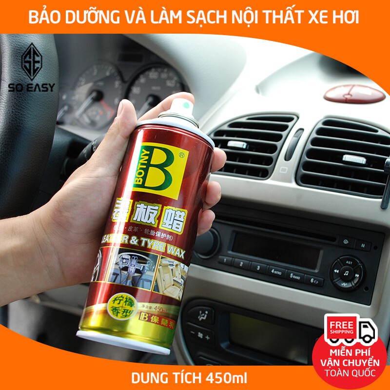 Dung dịch bảo dưỡng nội thất BOTNY Leather & Tyre wax 450ml, chai xịt làm sạch và dưỡng bóng da ghế,táp lô,lốp xe_B-1192