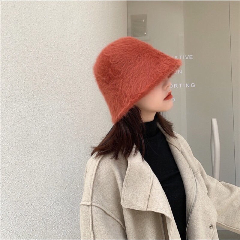 Mũ bucket len lông thỏ một mảnh vành ngắn nhỏ cực xinh phong cách Hàn Quốc