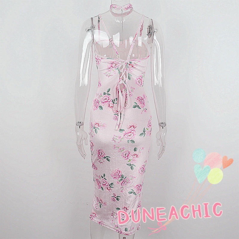 DUNEA Đầm Hai Dây Hở Lưng Họa Tiết Hoa Xinh Xắn Cho Nữ