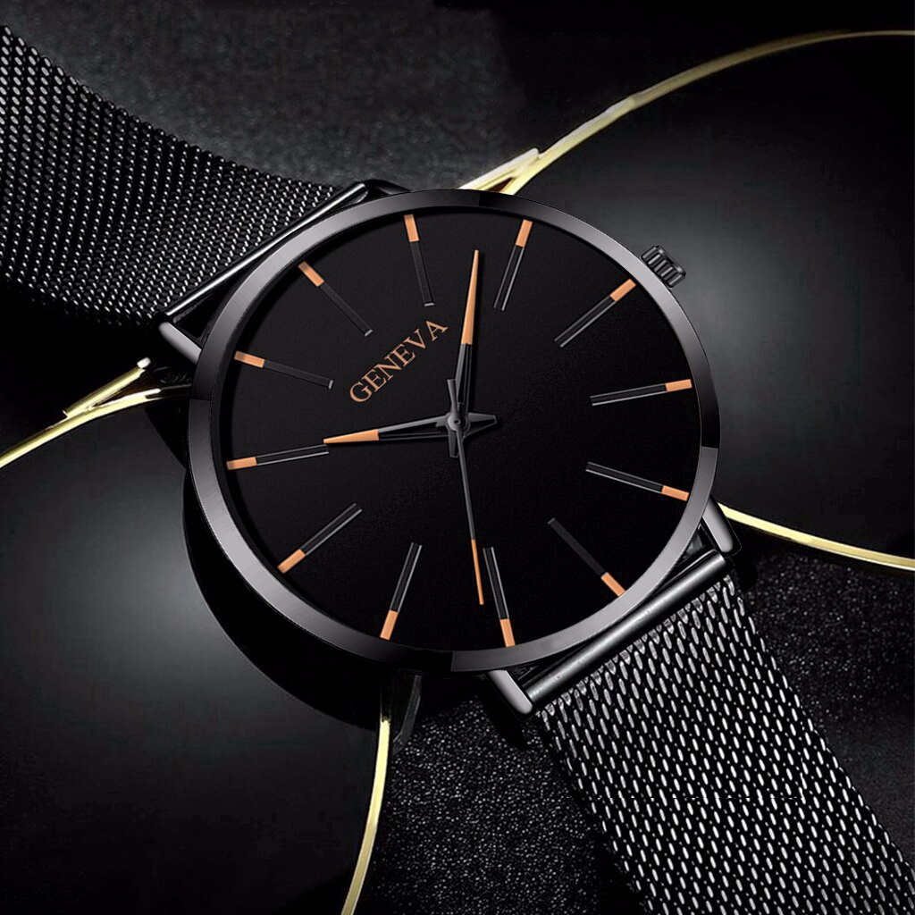 GENEVA Watch Men Black Stainless Steel Mesh Belt Business Quartz Watch