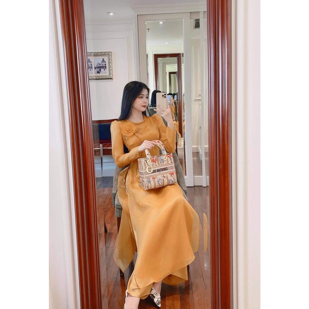 Áo dài cách tân chất voon organza  - vàng tết cổ