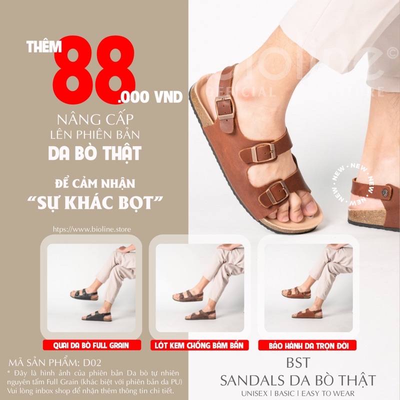 PU02- Dép sandal đế trấu BIRKEN Unisex quai hậu ngang da PU, đế trấu Bioline - Xuất khẩu châu Âu