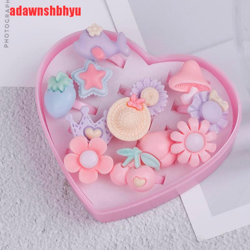 [adawnshbhyu]12Pcs mix cartoon flower resin plastic baby kids girl children's rings with box
