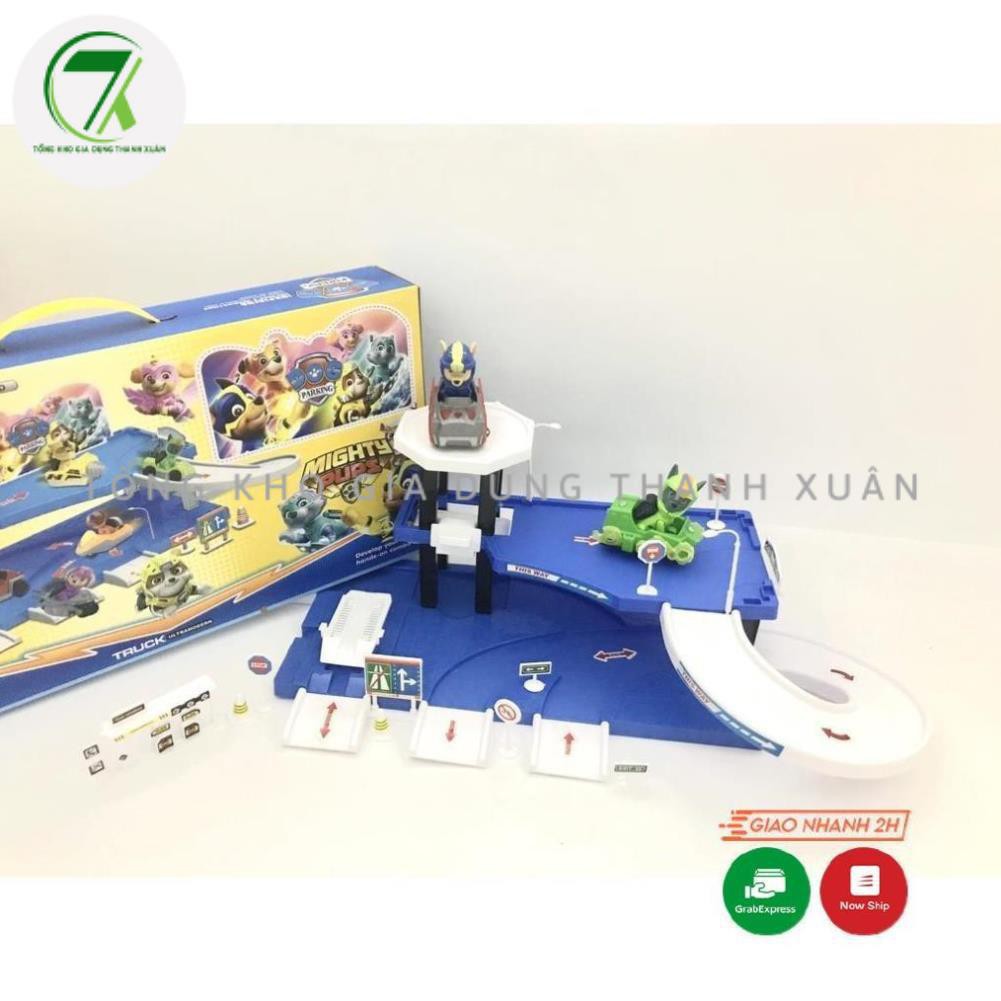 Đồ chơi chó cứu hộ Paw Patrol và mô hình lắp ráp cầu trượt và bãi đỗ sân bay 2 tầng có thang máy Parking Lot