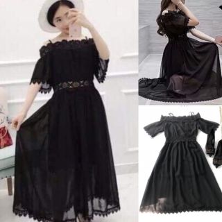 Đầm maxi xòe trễ vai 2 dây phối ren hàng Quảng Châu