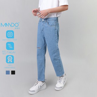 Quần Jean Nam Rách Gối MANDO Quần Bò Fomr Suông Chuẩn Phong Cách Hàn Quốc Năng Động Trẻ Trung - QJN056