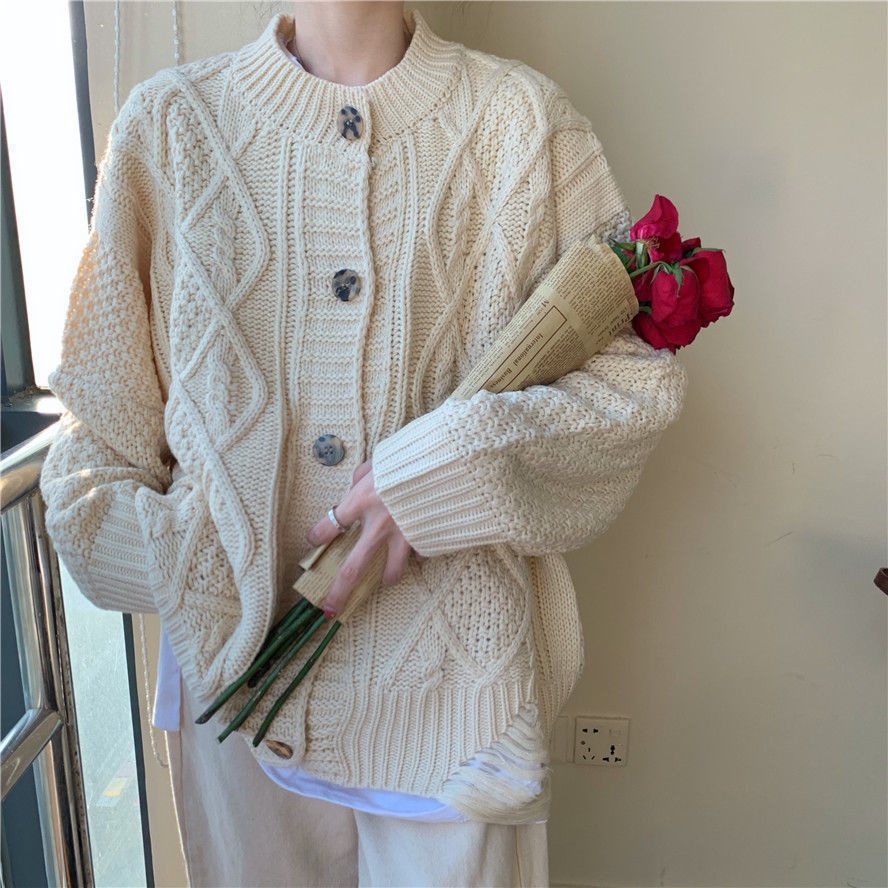 Áo khoác cardigan dệt kim cổ tròn màu sắc thời trang thu đông Hàn Quốc cho nữ