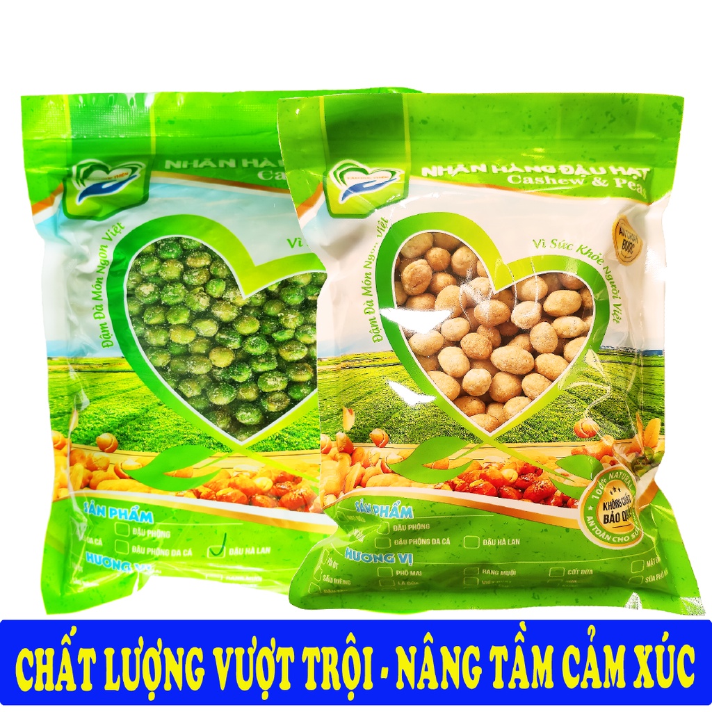 Combo 1KG: Đậu phộng da cá nước cốt dừa và đậu hà lan rang muối phô mai Tâm Đức Thiện 2 x Túi 500GR đồ ăn vặt