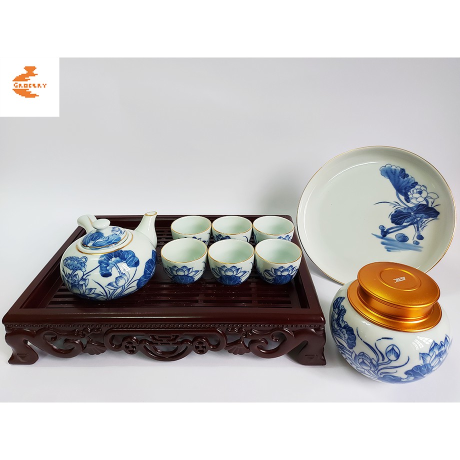 Bộ ấm chén giả cổ kẻ vàng kim cảnh sen