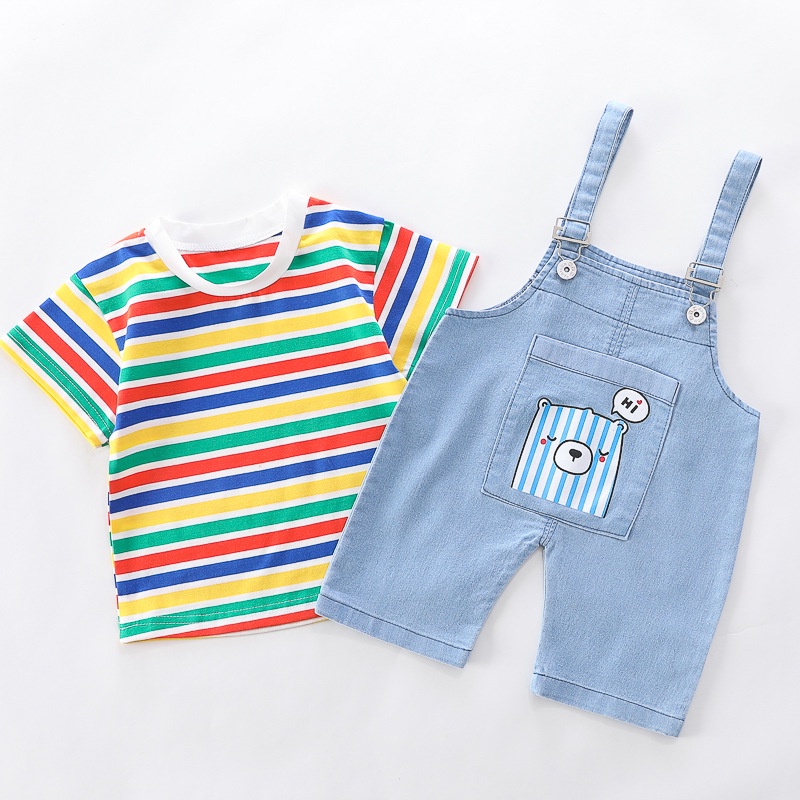 Set Yếm Jean Denim Kèm Áo Thun Cho Bé Trai Bé Gái Từ 0-3 Tuổi, Bộ 2 Món Áo Thun Quần Yếm Họa Tiết Chú Gấu Ngộ Nghĩnh