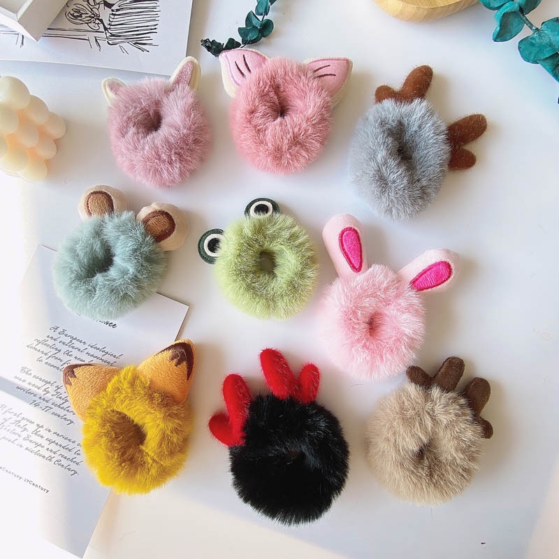 Dây Cột Tóc Phủ Lông Handmade Cỡ Lớn Họa Tiết Hoạt Hình Dễ Thương