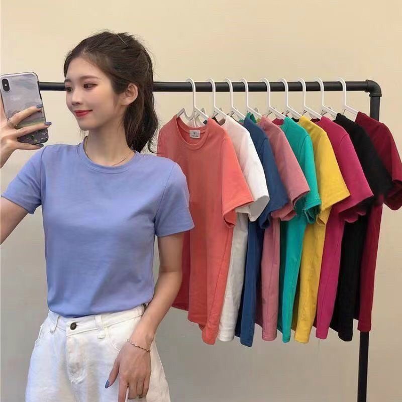 áo thun nữ cộc tay cổ tròn-chất cotong co giãn- phom dáng ôm đẹp hàng quảng châu loại 1 size 40-58 kg