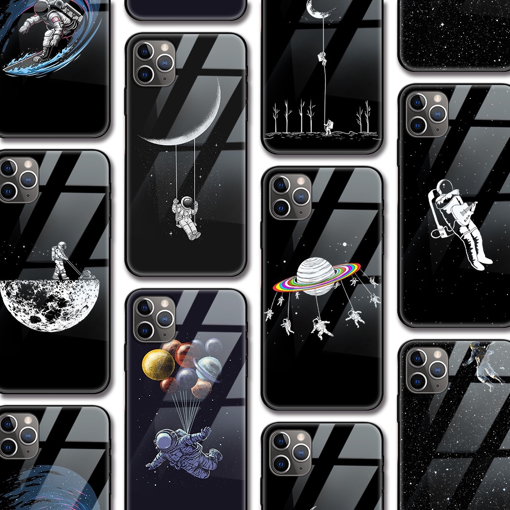 Ốp Điện Thoại Kính Cường Lực Cứng Màu Đen In Hình Vũ Trụ Cho IPhone 11 12 13 Pro Max IPhone 7 8 Plus SE 2020 X XS