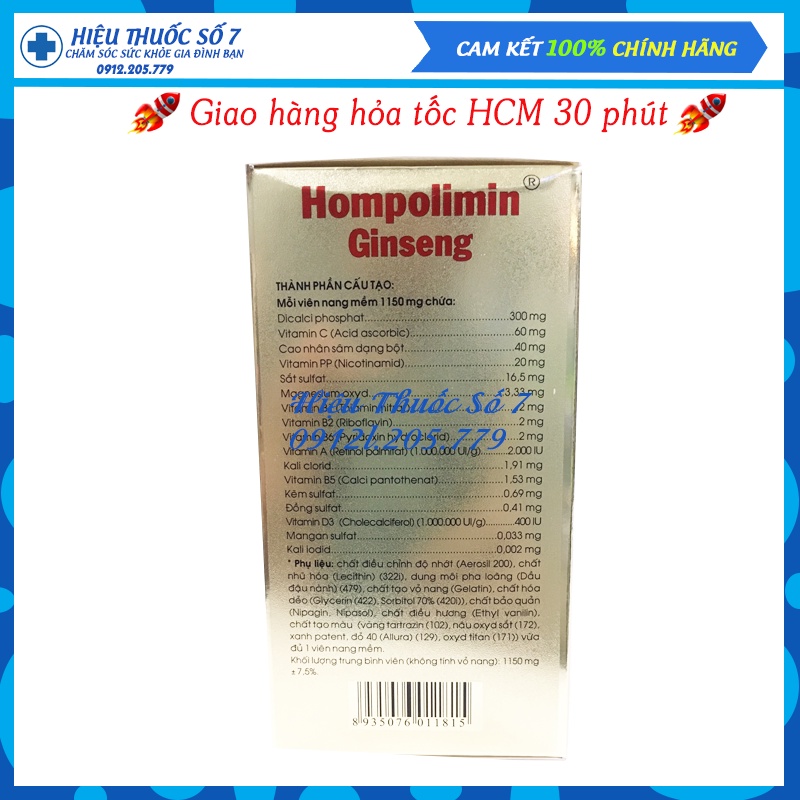 Hompolimin Ginseng TV.Pharma hộp 60 viên cung cấp vitamin và muối khoáng 12 vỉ x 5 viên