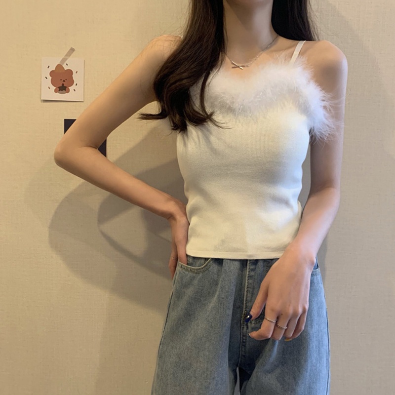 Áo Hai Dây Dệt Kim Mỏng Màu Sắc Trơn Lông Vũ Gợi Cảm xiangbao Cho Nữ