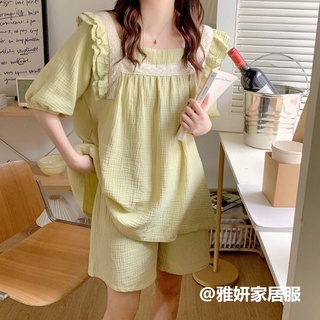 Summer fashionable women's short-sleeved pajamas Korean version of sweet lotus leaf square collar short-sleeved shorts two-piece set of household clothes