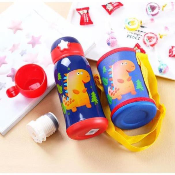 Bình Nước 600ml Cho Bé Đi Học -  2 Nắp - Giữ Nhiệt 12 Giờ, Kèm Ống Hút Và Túi Vải Giữ Nhiệt