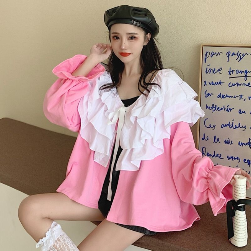 Áo khoác cardigan mỏng tay dài cổ ren hai lớp thời trang xuân thu Pháp hàng mới dành cho bạn gái 2021