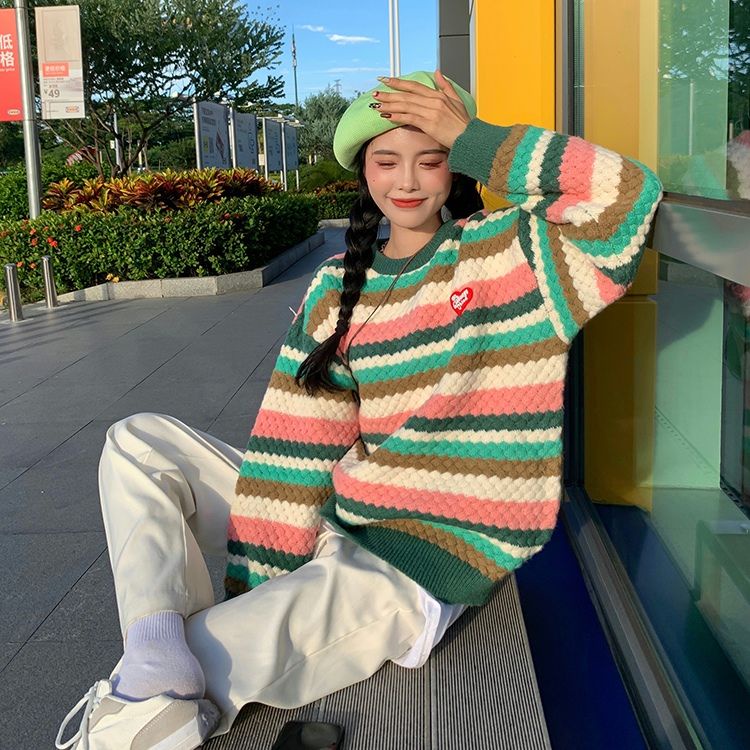 Áo sweater dệt kim chui đầu màu cầu vồng dễ phối đồ thời trang thu đông cho nữ
