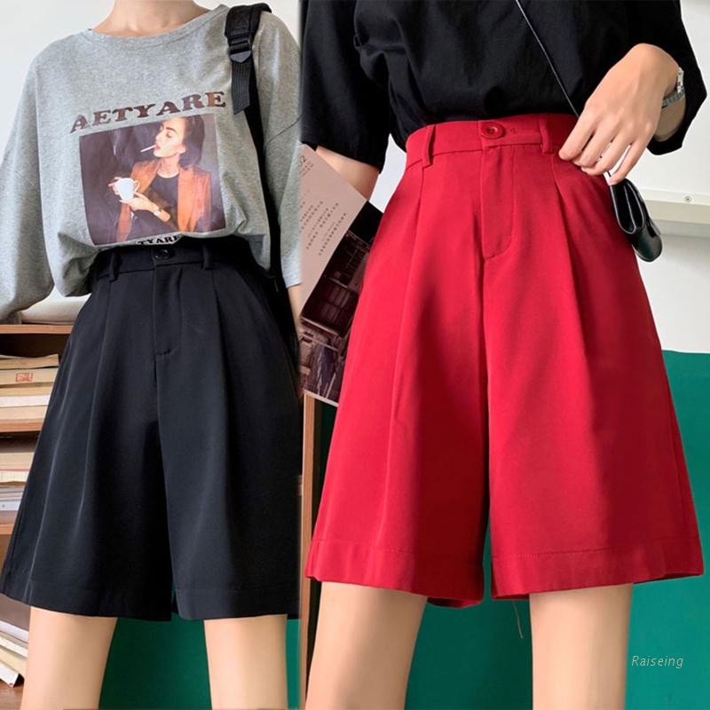 Quần ngắn ống rộng Lưng Cao Co Giãn Màu Sắc Trơn Phong Cách Hàn Quốc Cho Nữ
