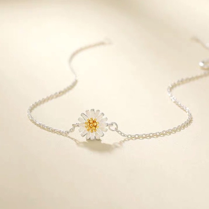 Lắc tay bạc Tlee, Lắc hoa cúc nhị xi vàng 10k óng ánh- TleeJewelry