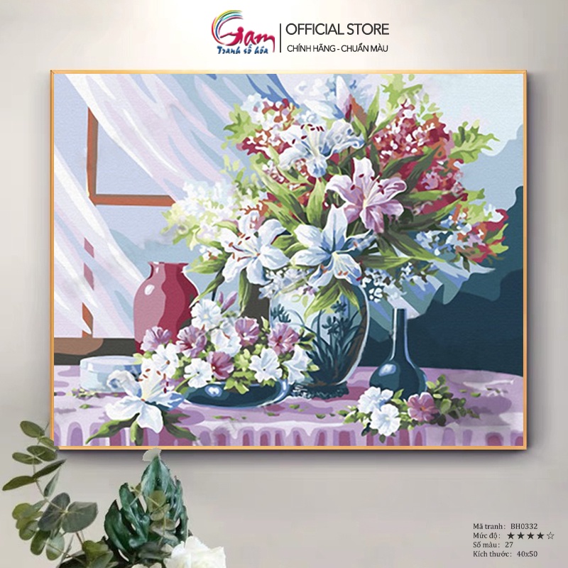 Tranh Số Hoá Hoa Huệ Cổ Điển GAM Trang Trí Treo Tường Đã Căng Khung 40x50cm BH0332
