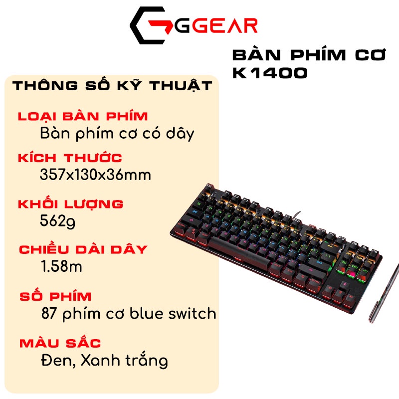 Bộ bàn phím cơ chuột tai nghe gaming có dây Ggear CBG1 bàn phím cơ 87 phím chuột máy tính Macro headphone siêu bền led