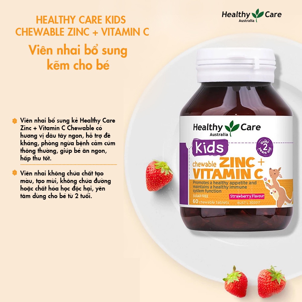 Combo 2 hộp Viên Nhai Healthy Care Kids Chewable Vị Dâu Bổ Sung Kẽm Và Vitamin C Cho Bé (60 Viên)