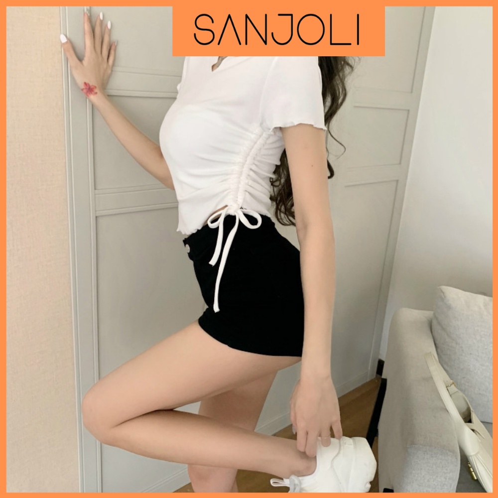 Áo Croptop Ôm Body SANJOLI Áo Kiểu Crt Sexy Nữ Tay Ngắn Cột Dây Đẹp Bánh Bèo Hàn Quốc AO035