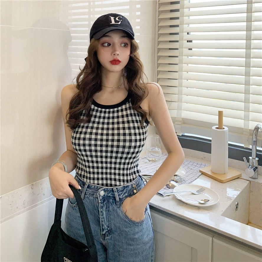 Áo hai dây dệt kim dáng ôm kiểu sọc caro thời trang năng động dành cho nữ