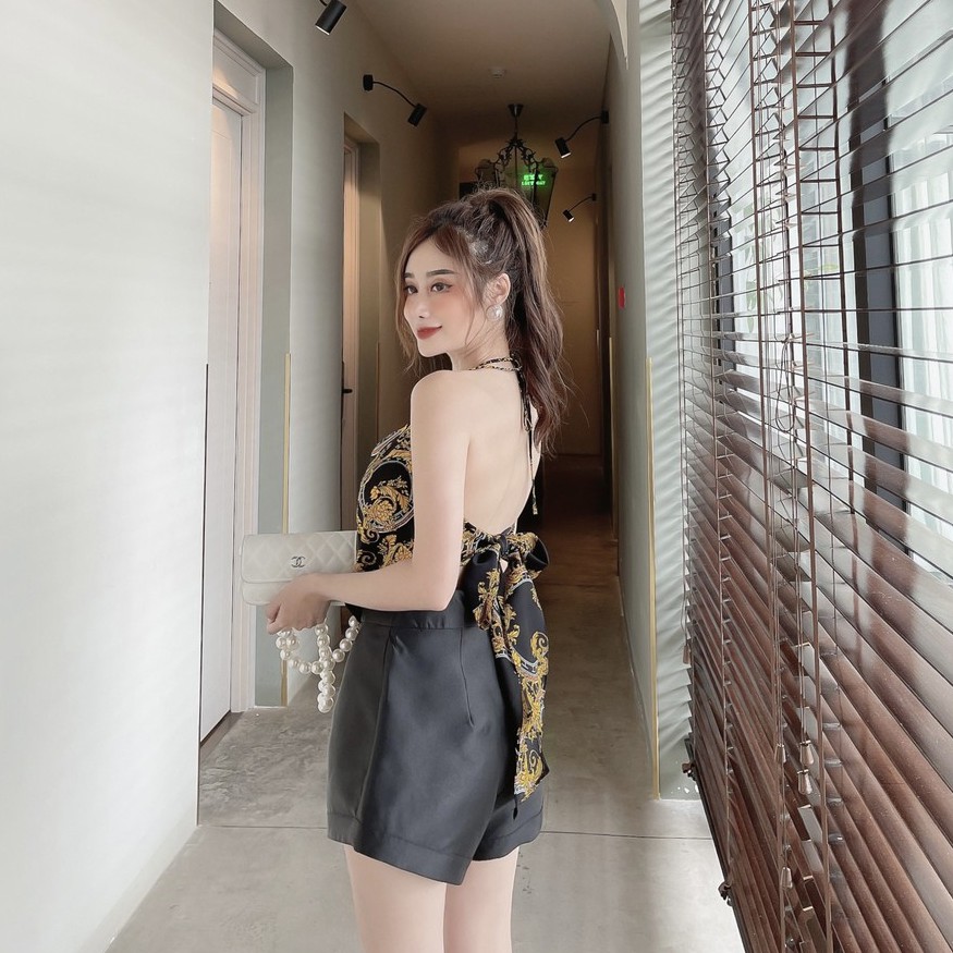 Áo crop họa tiết độc đáo buộc nơ hở lưng