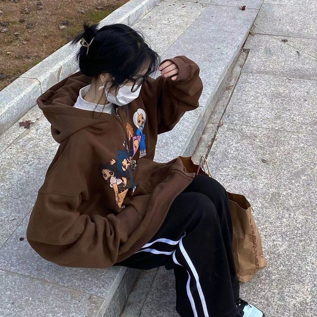 Áo Khoác sweater Màu Nâu Cổ Điển Có Dây Kéo Và Túi Phong Cách Dân Tộc Mỹ Cho Nam Và Nữ st