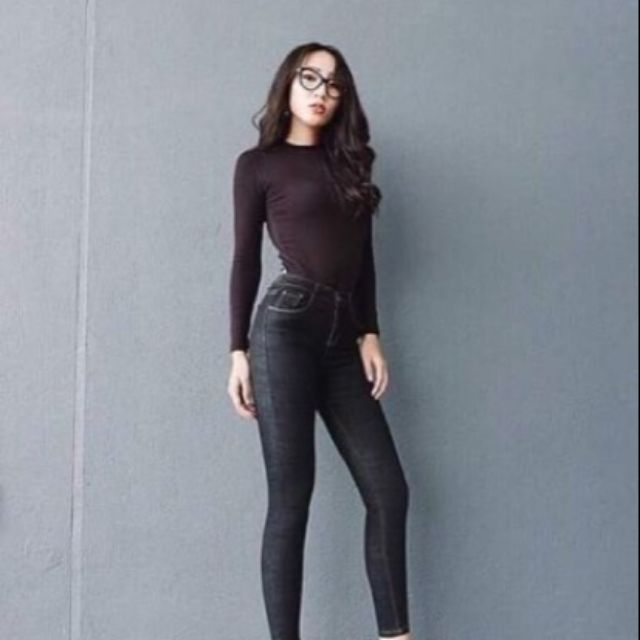 Quần jean nữ lưng cao màu đen xước vải co giãn