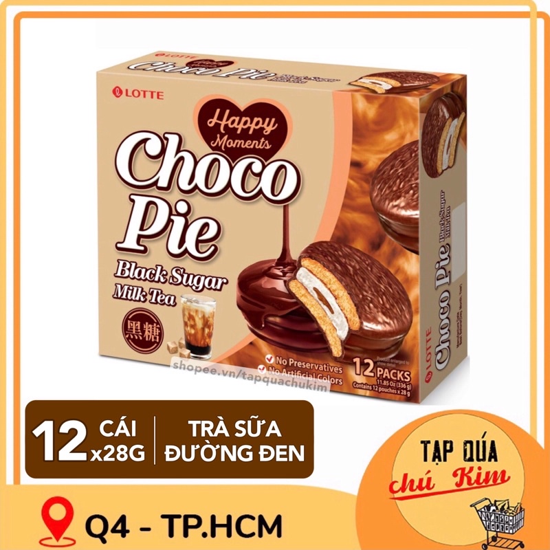 Bánh chocopie TRÀ SỮA ĐƯỜNG ĐEN LOTTE hộp 12 CÁI  - tạp quá chú Kim