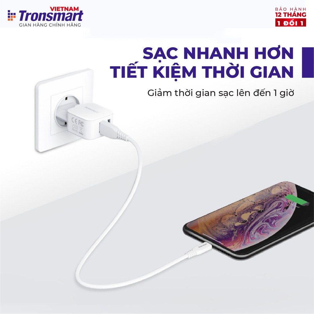 Củ sạc 2 cổng USB Tronsmart W02 công nghệ VoliQ 12W dòng 2.4A - Hàng chính hãng - Bảo hành 12 tháng