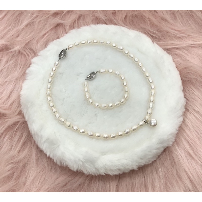 Bộ trang sức ngọc trai nhân tạo gạo trắng 2 món khóa bạc 8ly