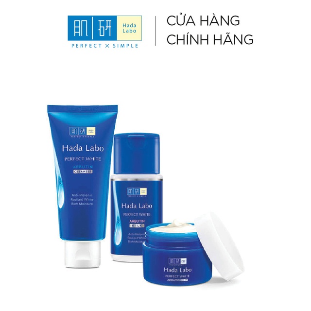 Set dưỡng trắng da Hada Labo Perfect White (Sữa rửa măt 80g + Dung dịch 100ml + Kem 50g)