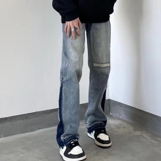 Quần jean nam Mỹ Cá Tính quần jean ống rộng nam cao cấp quần jean nam rách gối