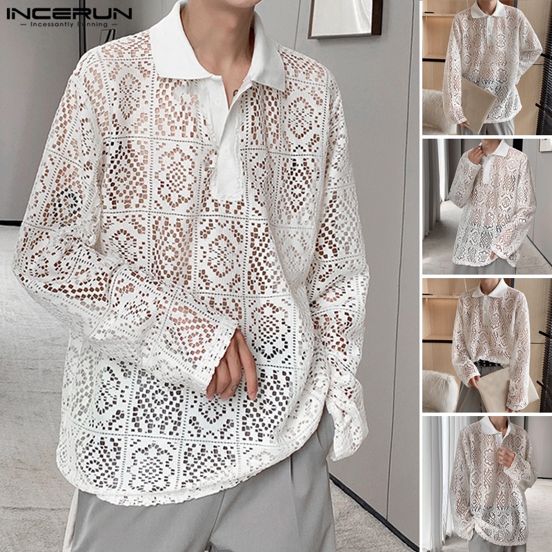 Áo sơ mi polo Incerun móc xuyên thấu phối ren hoa cho nam đi biển