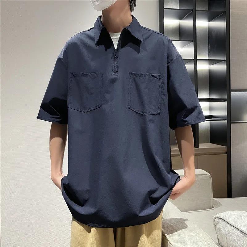Áo polo Tay Ngắn Dáng Rộng Vải Lụa Lạnh Mỏng Thời Trang Mùa Hè Cho Nam