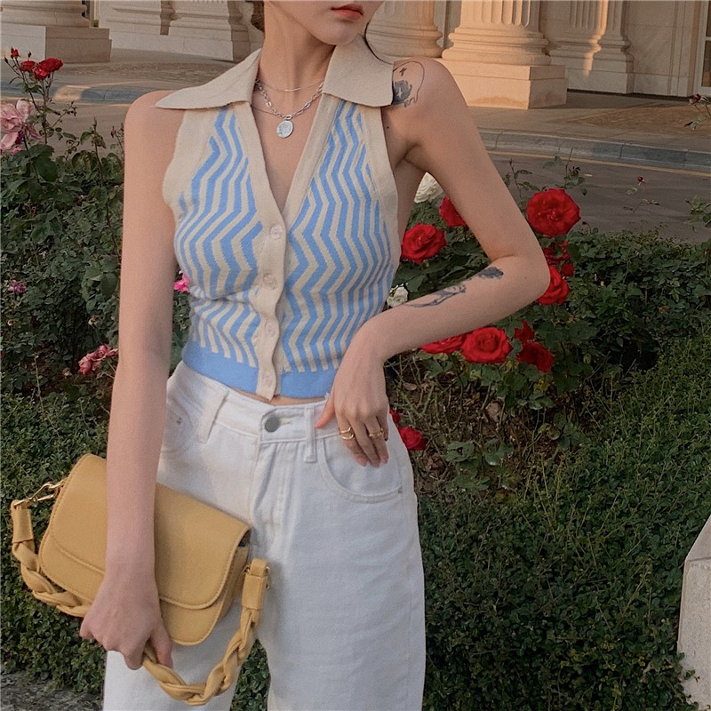 Áo Dệt Kim Cổ Yếm Phong Cách Hàn Quốc Xinh Xắn Dành Cho Nữ