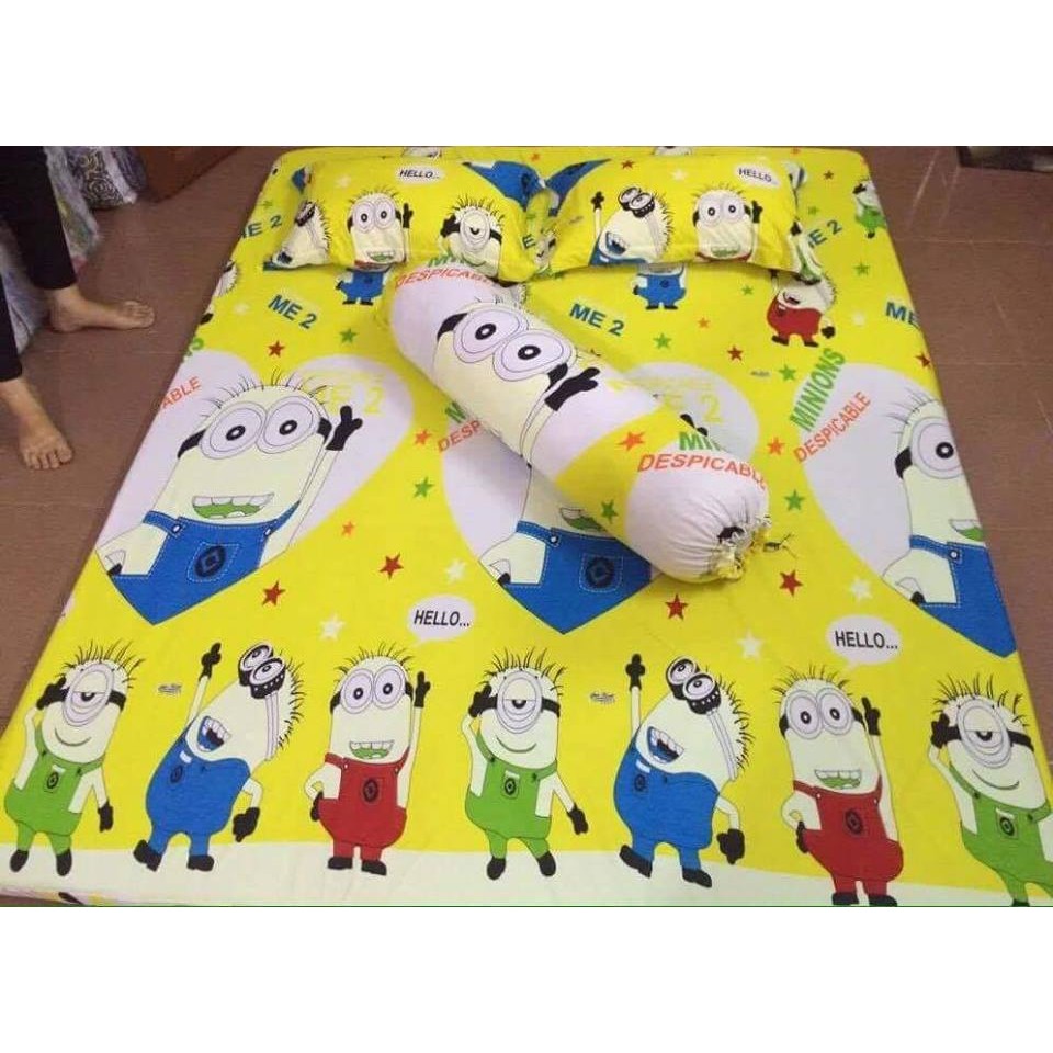 Drap thun minion Hàn Quốc ( bộ: 2 áo gối, 1 gối ôm, drap)