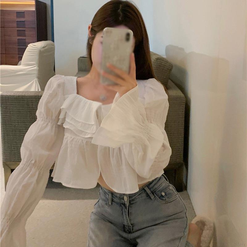 Áo croptop tay dài phồng cổ vuông dáng ôm chất liệu chiffon thời trang Hàn Quốc cổ điển cho nữ | BigBuy360 - bigbuy360.vn