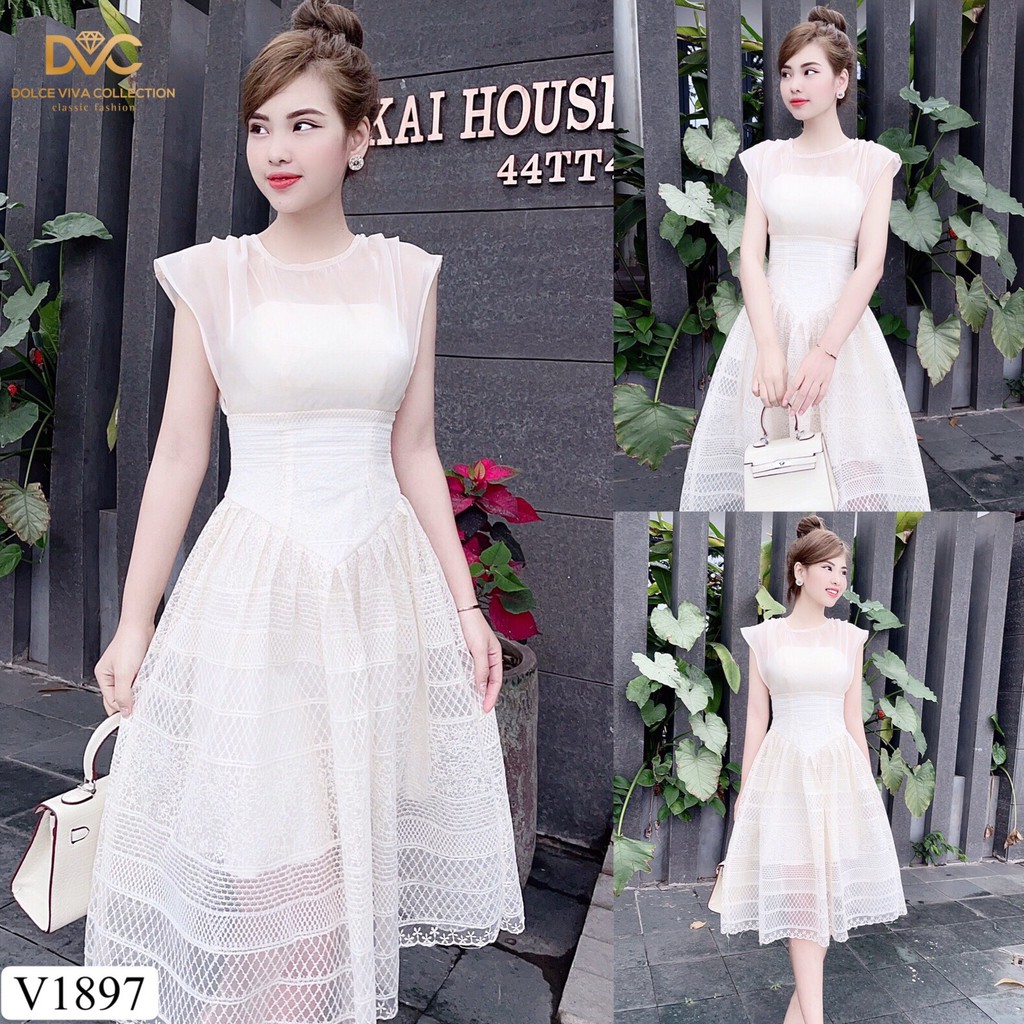 Váy ren kem sát nách V1897- QUEEN SHOP DOLCE VIVA COLLECTION(ảnh người mẫu+ảnh trải sàn do shop chụp tự chụp))