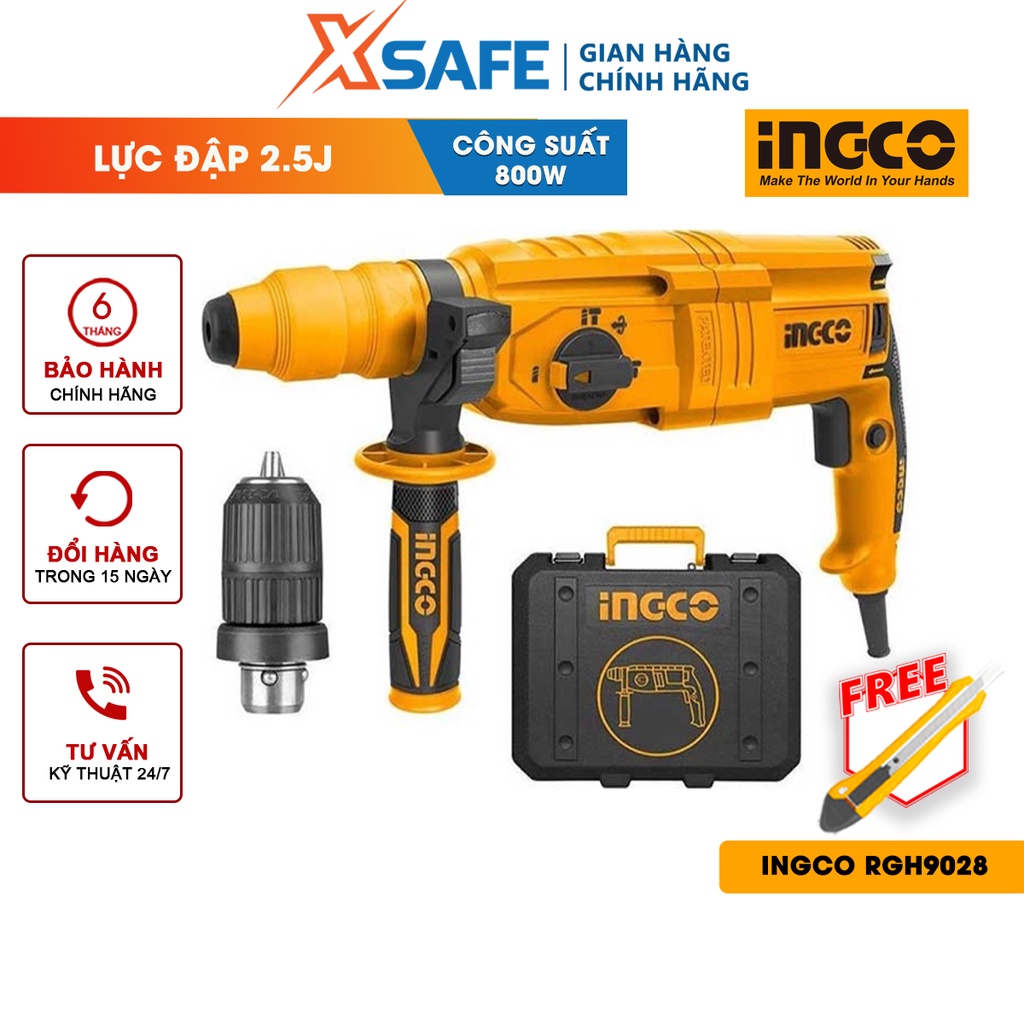 Máy khoan búa dùng pin 3 chức năng 800W INGCO RGH9028 đầu gài sds plus, tốc độ 1200 rpm tốc độ búa 5300bpm, lực đập 2.5j