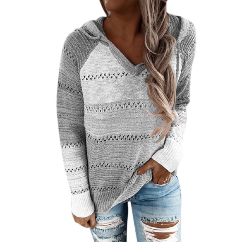 Áo Hoodie Dệt Kim Tay Dài Dáng Rộng Cổ Chữ V Họa Tiết Kẻ Sọc Màu Sắc Khối Rỗng Thời Trang Mùa Thu Cho Nữ