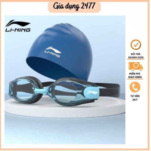 Set kính mũ bơi thể thao Li ning tráng gương chống nước, chống mờ cao cấp, Kính bơi kèm mũ người lớn