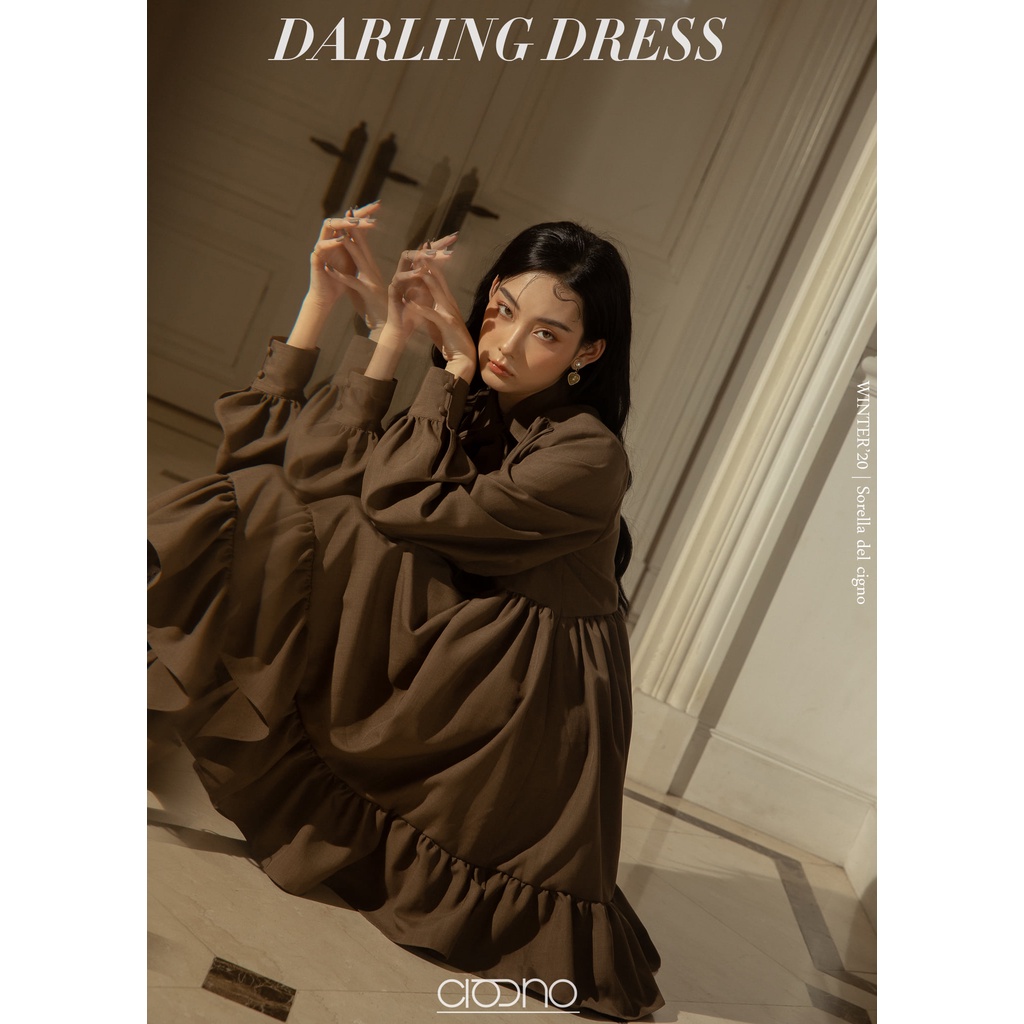 CIGNO-đầm cột nơ màu nâu tay dài phồng cổ điển DARLING