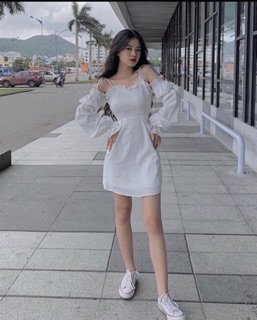🌟Đầm Trắng Rớt Vai Tay Bo( Có Đệm Ngực)